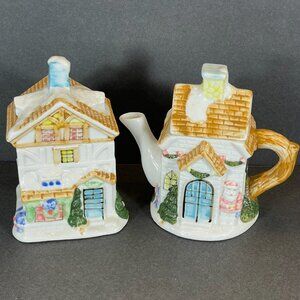 Houston Harvest Ceramic Teapot Sugar Bowl/Teabag Holder Cottage Christmas Set